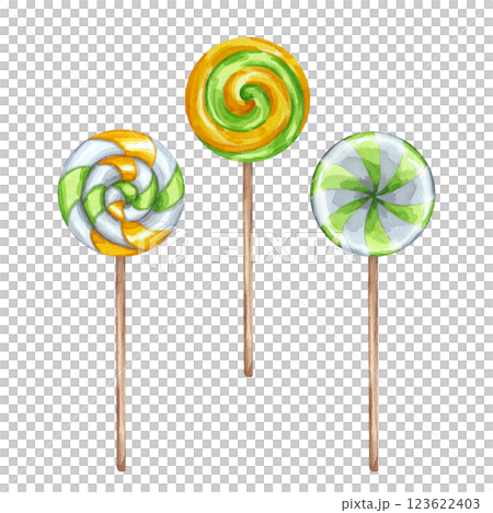 Round lollipops set. Sweet candies on stick green white orange for Saint Patrick's Day party. Hand drawn watercolor illustration on isolated background. National Colors of Ireland. Happy March 17th 123622403
