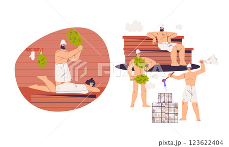 People Characters Bathing in Sauna and Taking Steam Bath Vector Set People Characters Bathing in Sauna and Taking Steam Bath Vector Set 123622404