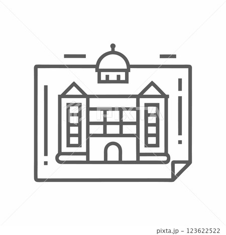 Architectural blueprint design showcasing a classic building with a dome and detailed features 123622522