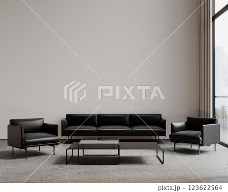 Minimalist hitech white interior with black leather sofa and armchairs, coffee table and terrazzo tile. 3d render illustration mockup. Minimalist hitech white interior with black leather sofa and armchairs, coffee table and terrazzo tile. 3d render illustration mockup. 123622564