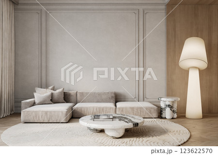 Contemporary classic beige interior with sofa, moldings, floor lamp, wood wall panel and decor. 3d render illustration mockup. 123622570