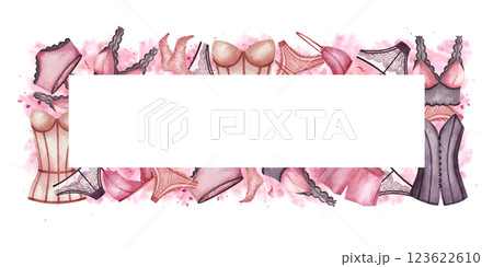 Rectangular frame with lingerie, vintage women underwear, bra. Watercolor illustration isolated from background with template. Packaging in lingerie store, web banner, logo, print product, leaflet 123622610
