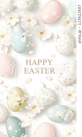 Easter eggs and floral arrangement creating festive spring background with text Happy Easter 123622687