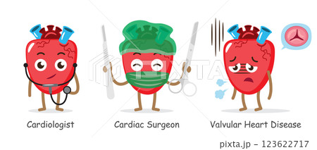 Medical heart cartoon characters include cardiologist, cardiac surgeon and patient with valvular heart disease . Isolated on white background . Vector . 123622717