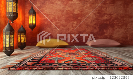 Arabic rug on light wooden floor with ornate hanging lanterns, warm atmosphere background for Ramadan, Eid Mubarak greeting card 123622895