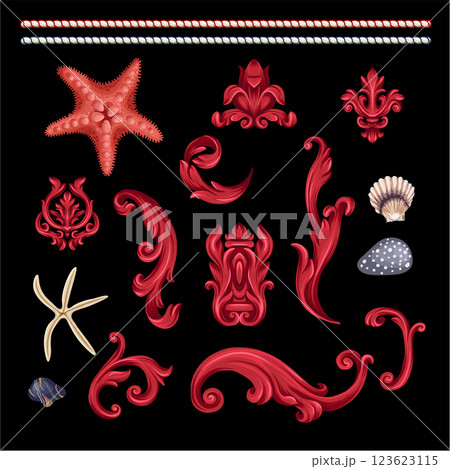 Baroque elements, rope, sea stars isolated. Vector. 123623115