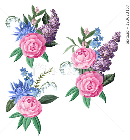Bouquets with camelia flowers and other flowers. Vector. Bouquets with camelia flowers and other flowers. Vector. 123623157