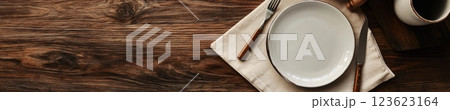 White empty plate with silver cutlery on a rustic wooden table, beige napkin in a diamond layout. Natural lighting and warm wood tones create a cozy, inviting atmosphere with wide copyspace. 123623164