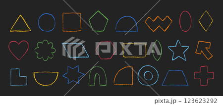 Crayon textured geometric figures collection. Outline basic shapes hand drawn with colored pencil. Silhouettes of pastel textured primitive elements. Vector illustration isolated on black background. Crayon textured geometric figures collection. Outline basic shapes hand drawn with colored pencil. Silhouettes of pastel textured primitive elements. Vector illustration isolated on black background. 123623292