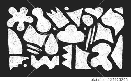 Chalk kids abstract figures with grunge rough texture. Outline organic shapes hand drawn with white pencil. Vector illustration isolated on a black background 123623293