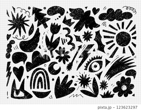Funky abstract kid design objects hand drawn with charcoal. Doodle modern organic drawings. Silhouettes of bird, sun, flower, fir tree, cloud. Black vector decorative objects isolated on white. Funky abstract kid design objects hand drawn with charcoal. Doodle modern organic drawings. Silhouettes of bird, sun, flower, fir tree, cloud. Black vector decorative objects isolated on white. 123623297