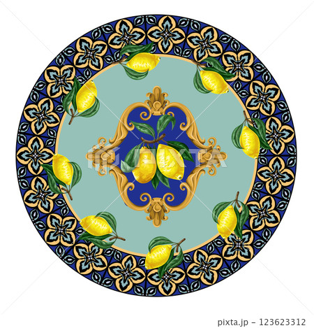 Design plate with lemons and blue ornament. Vector. Design plate with lemons and blue ornament. Vector. 123623312