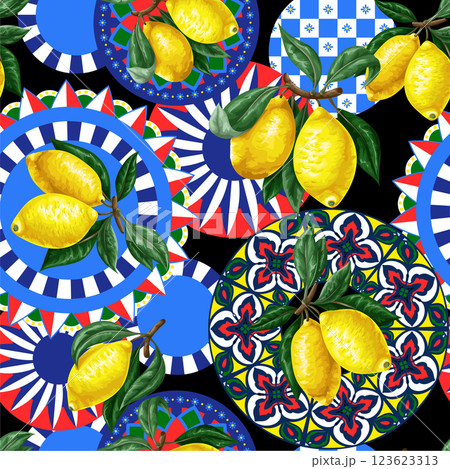 Seamless pattern with lemons and vivid tile ornament. Vector. Seamless pattern with lemons and vivid tile ornament. Vector. 123623313
