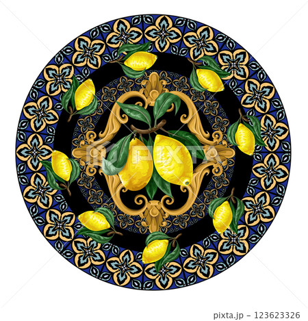 Design plate with lemons and blue ornament. Vector 123623326
