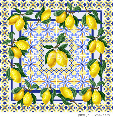 Design scarf with lemons and blue ornament. Vector. 123623329