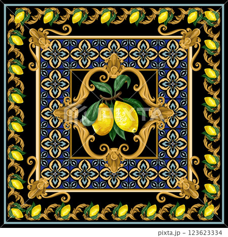 Design scarf with lemons and blue ornament. Vector. Design scarf with lemons and blue ornament. Vector. 123623334