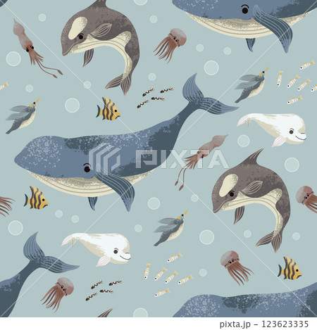Seamless pattern  with sea habitants such as fishes, jellyfishes etc. Vector. 123623335