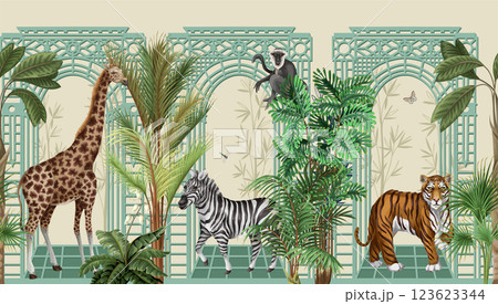 Border with architectural arch, portal, animals and tropic trees. Vector. Border with architectural arch, portal, animals and tropic trees. Vector. 123623344