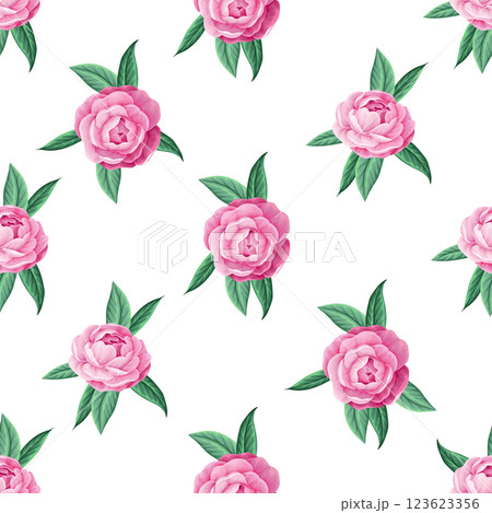 Seamless pattern with camelia flowers and other flowers. Vector. 123623356