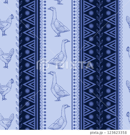 Seamless pattern with chicken, goose and geometrical ornament. Vector. 123623358