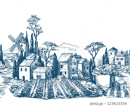 Border with medieval houses and mill in Toile style. Vector. Border with medieval houses and mill in Toile style. Vector. 123623359