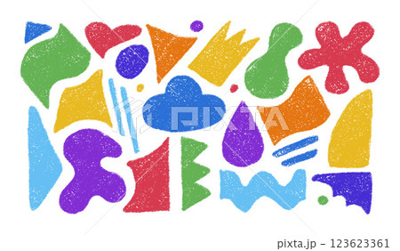 Set of abstract organic shapes and forms hand drawn with colored pencils. Crayon brush texture. Modern kids design elements. Vector illustration isolated on a white background. 123623361