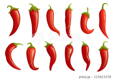 Cartoon chilli peppers. Red hot peppers, harvest fresh vegetables. Raw ingredients for cooking, cut vitamin salad, pizza. Spice mexican, nowaday vector set Cartoon chilli peppers. Red hot peppers, harvest fresh vegetables. Raw ingredients for cooking, cut vitamin salad, pizza. Spice mexican, nowaday vector set 123623376