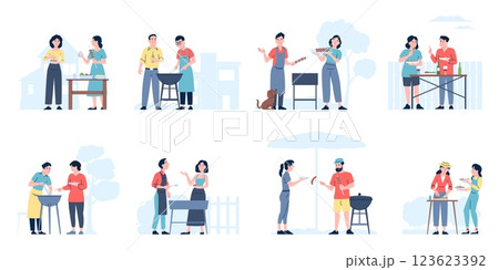 People on bbq. Outside barbecue, family and friends grilling meat sausages vegetables and eating together. Summer picnic with drinks, recent vector scenes People on bbq. Outside barbecue, family and friends grilling meat sausages vegetables and eating together. Summer picnic with drinks, recent vector scenes 123623392