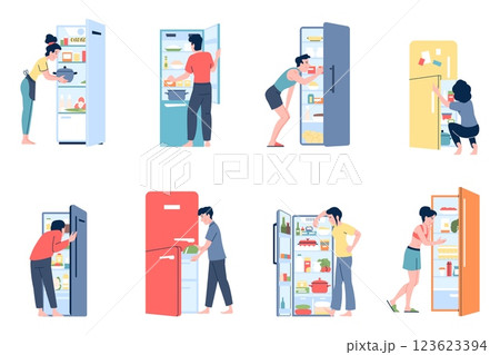 People and fridge. Men women using refrigerator, looking snacks and food, put out cooking meals. Fridges at home kitchen, daily eating routine recent vector set 123623394