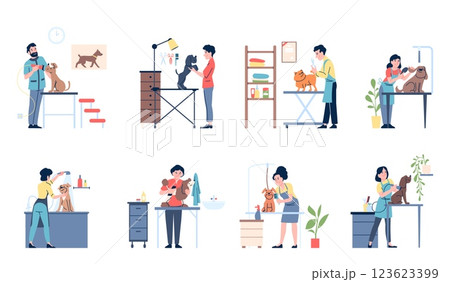 Grooming salon scenes. Professional groomers working with dogs, fluffy pets bathing and cutting. Groom time for cute animals, hygiene recent vector concept 123623399