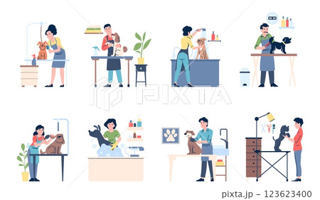 Groomers working. Pet service, groomer bathing, cutting and blowing different dogs. Work process in animal haircut salon, puppy hygiene recent vector scenes 123623400