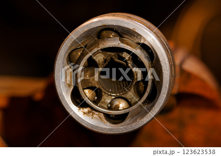 Close-Up View of Mechanical Bearing Revealing Inner Components and Lubrication Grease Close-Up View of Mechanical Bearing Revealing Inner Components and Lubrication Grease 123623538