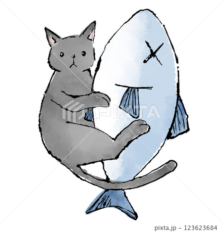 黒猫と魚のぬいぐるみのイラストのイラスト素材 [123623684] - PIXTA