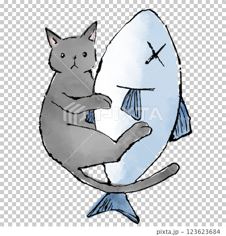 黒猫と魚のぬいぐるみのイラストのイラスト素材 [123623684] - PIXTA