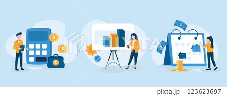 Planning financial budget isolated set. Accounting analysis and savings. People collection of scenes in flat design. Vector illustration for blogging, website, mobile app, promotional materials. 123623697