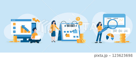 Sales performance isolated set. Financial profit growth, increase in earnings. People collection of scenes in flat design. Vector illustration for blogging, website, mobile app, promotional materials 123623698