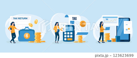 Declaration programs, easy reporting, tax website. Desktop tax filing software, mobile app tax filing software, filing online service metaphors. Vector isolated concept metaphor collection of scenes. 123623699