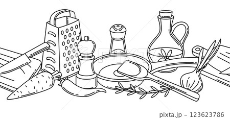 Pattern with kitchen utensils. Cooking tools for home and recipe items. 123623786