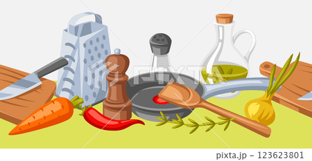 Pattern with kitchen utensils. Cooking tools for home and recipe items. Pattern with kitchen utensils. Cooking tools for home and recipe items. 123623801