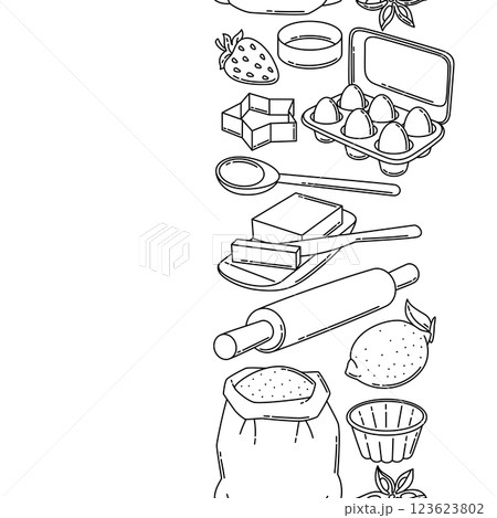 Pattern with bakery utensils. Cooking tools for home and recipe items. 123623802