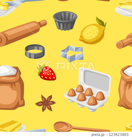 Pattern with bakery utensils. Cooking tools for home and recipe items. 123623803