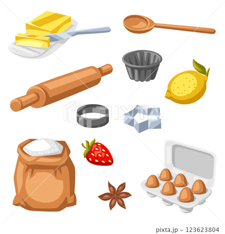 Set of bakery utensils. Cooking tools for home and recipe items. Set of bakery utensils. Cooking tools for home and recipe items. 123623804