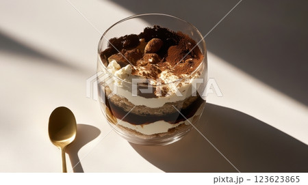 Beautifully layered tiramisu in a clear goblet, showcasing artful asymmetry with flowing mascarpone, coffee-soaked biscuits, and cocoa dusting. Minimalist presentation with soft, cozy lighting. 123623865