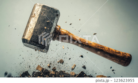 giant hammer smashing down, symbolizing power and impact, with debris flying around. This captures essence of strength and destruction in dramatic way 123623955