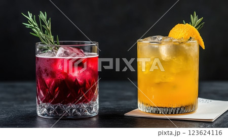 Colorful cocktails on a dark table Colorful cocktails on a dark table 123624116