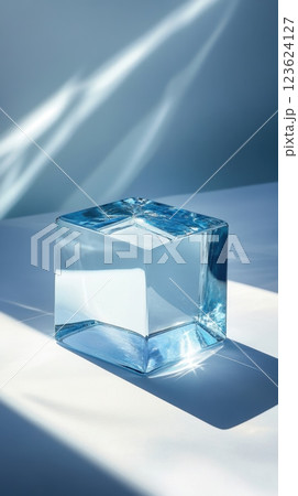 Clear geometric ice block on a table Clear geometric ice block on a table 123624127
