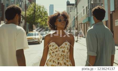 Friends stroll vibrant streets 123624137