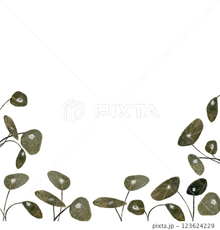 Watercolor hand painted frame with green money plants leaves. Leaves frame for invitation or greeting cards in natural earthy colors 123624229
