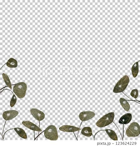 Watercolor hand painted frame with green money plants leaves. Leaves frame for invitation or greeting cards in natural earthy colors 123624229