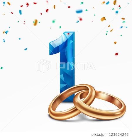 Blue number 1 and golden wedding rings. 123624245